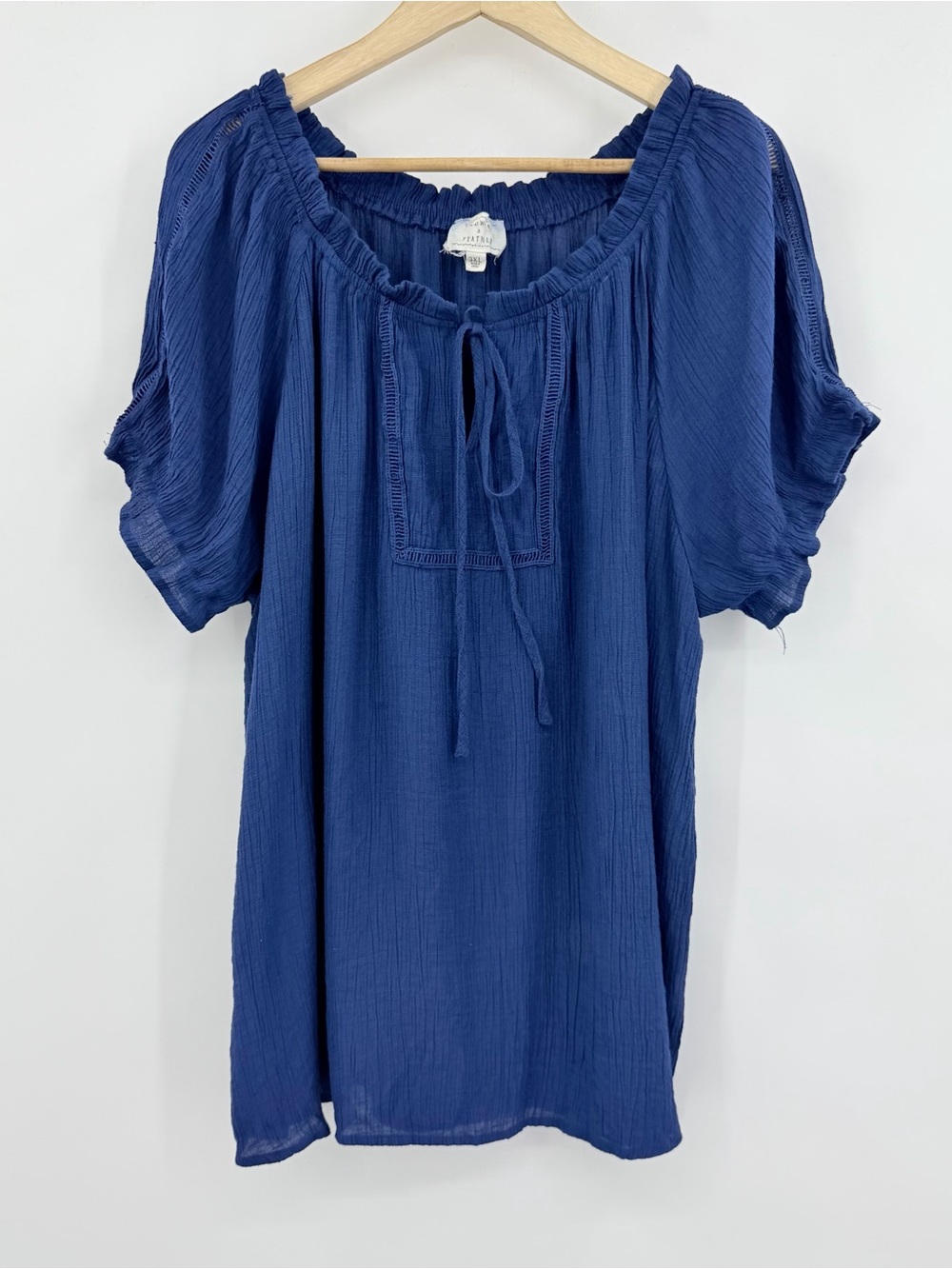 Flower & Feather Blouse Women Plus 3XL Blue Boho Peasant Tassel Gauze Top